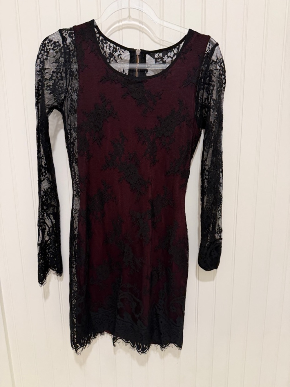 Whismigoth Burgundy Dress with Black Lace Overlay Long Sleeves Small